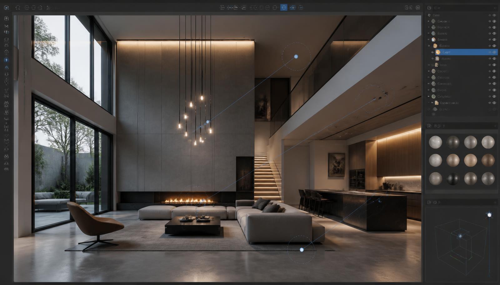 Blender viewport showing an architectural interior model with lighting and material highlights
