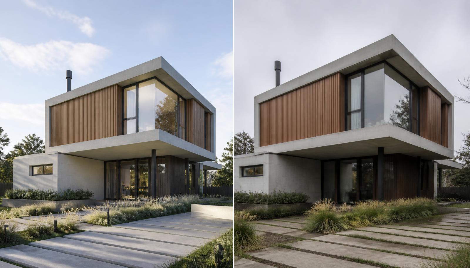 Side-by-side comparison of a Blender architectural exterior render and a photograph of the same building