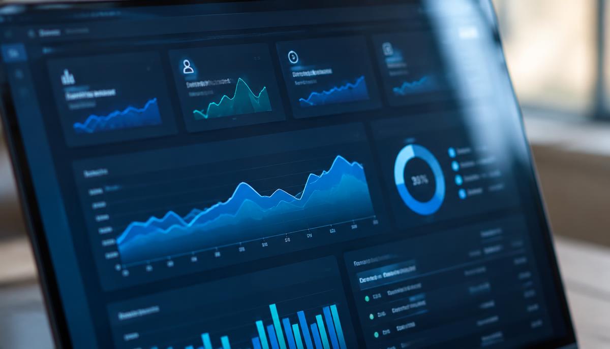Close-up of a screen showing clean analytics charts and metric cards