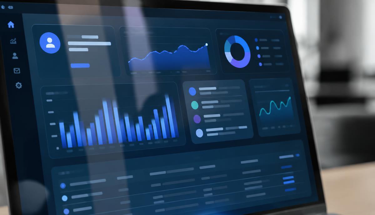 Close-up of a screen showing a clean customer data and analytics interface with abstract cards and charts