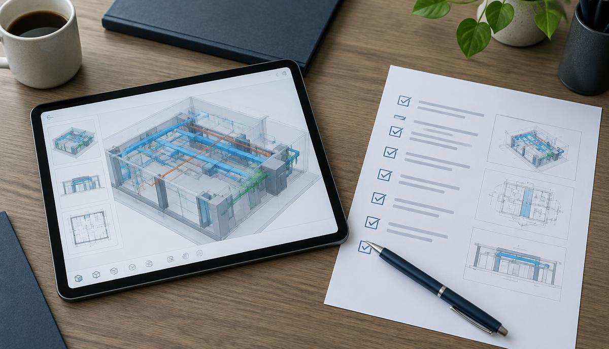 Tablet showing a model coordination diagram beside a printed checklist and pen