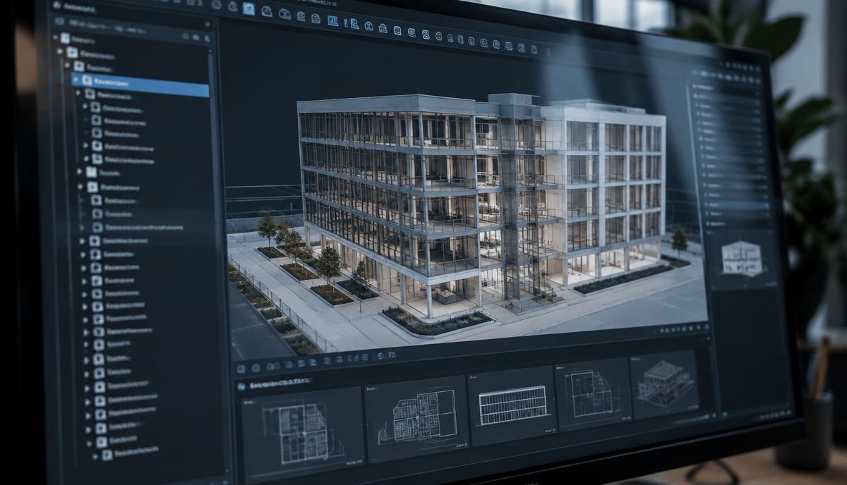 Screen showing an organised BIM project browser alongside a 3D building model view