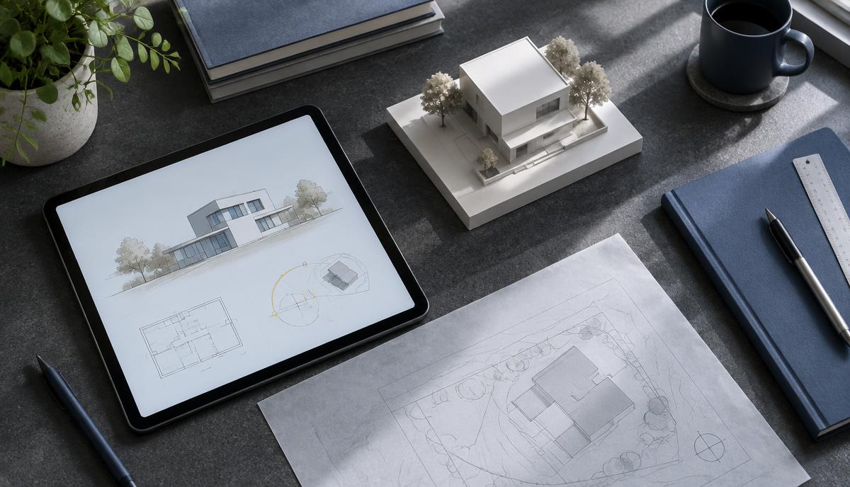 Overhead view of a tablet showing a building form and orientation diagram beside a small physical model and notebook