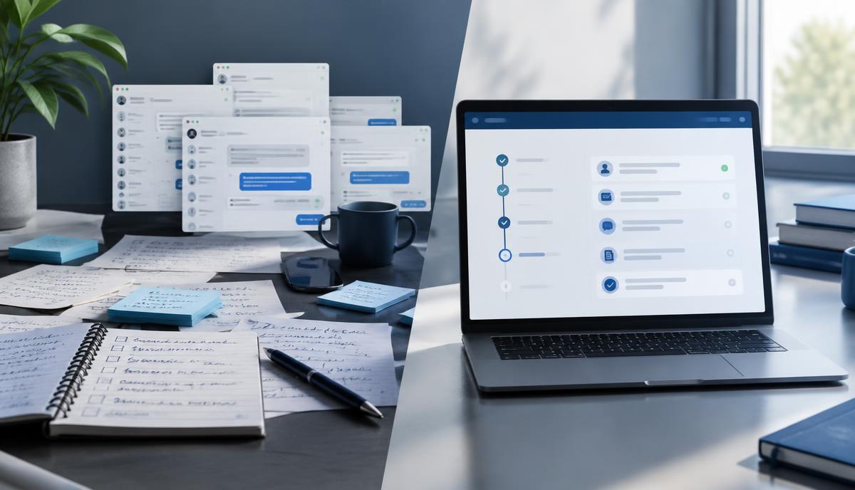 Before and after: scattered manual follow-up notes versus a clean structured lead journey on screen