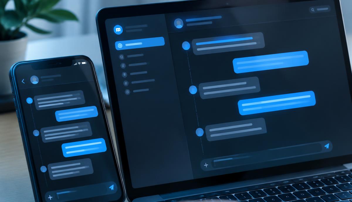 Smartphone and laptop showing a structured messaging follow-up sequence